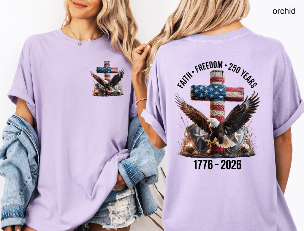 Freedom 250th Anniversary Shirt, Comfort Colors Christian Cross USA 250 Years Independence Tee, 1776–2026 America Patriotic 4th of July Gift