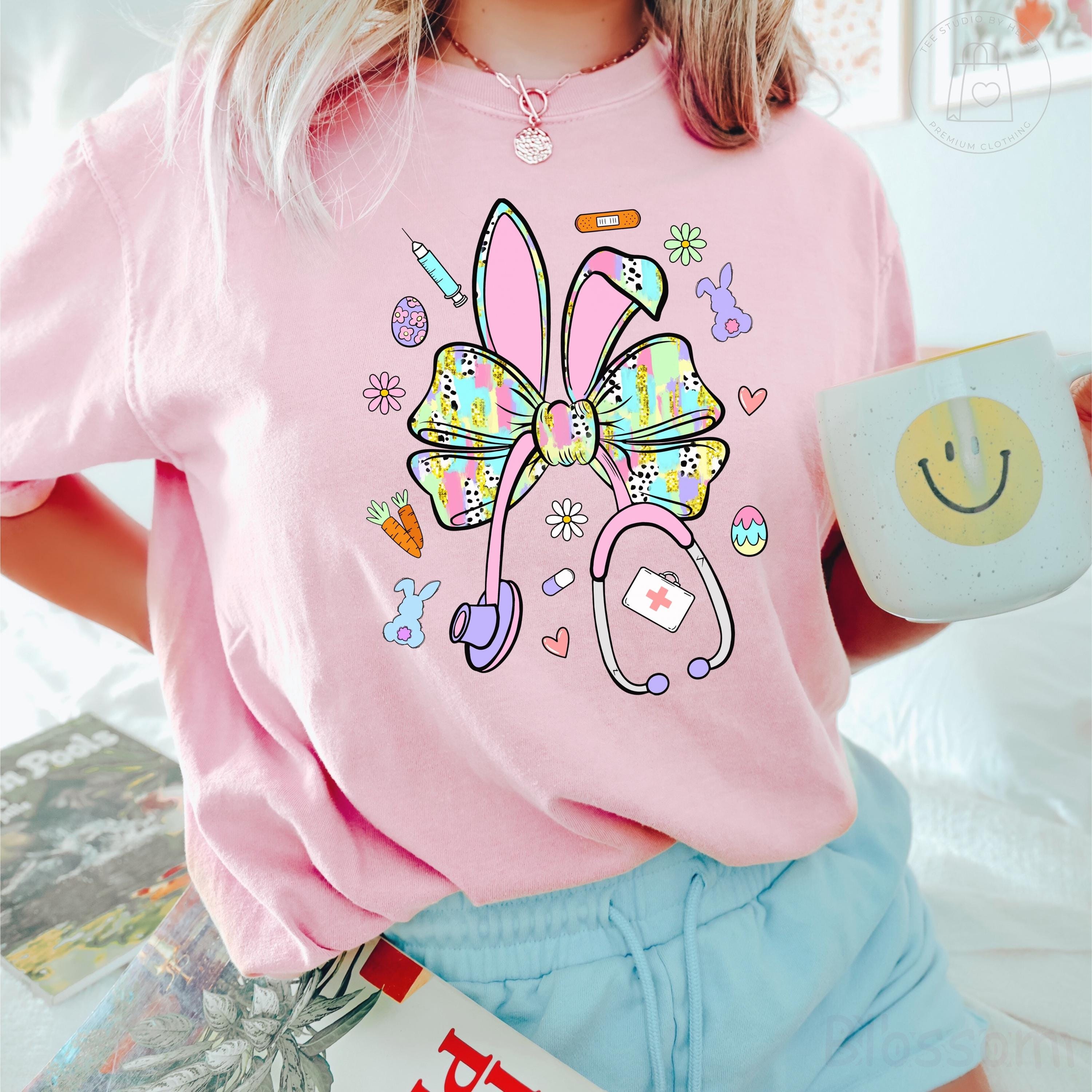Comfort Colors® Easter Nurse Shirt, Nurse Easter Bow Tee, Coquette Stethoscope Easter Bunny Shirt, Spring Nurse Appreciation Gift