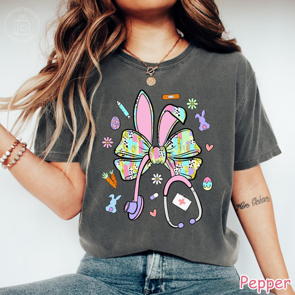 Comfort Colors® Easter Nurse Shirt, Nurse Easter Bow Tee, Coquette Stethoscope Easter Bunny Shirt, Spring Nurse Appreciation Gift