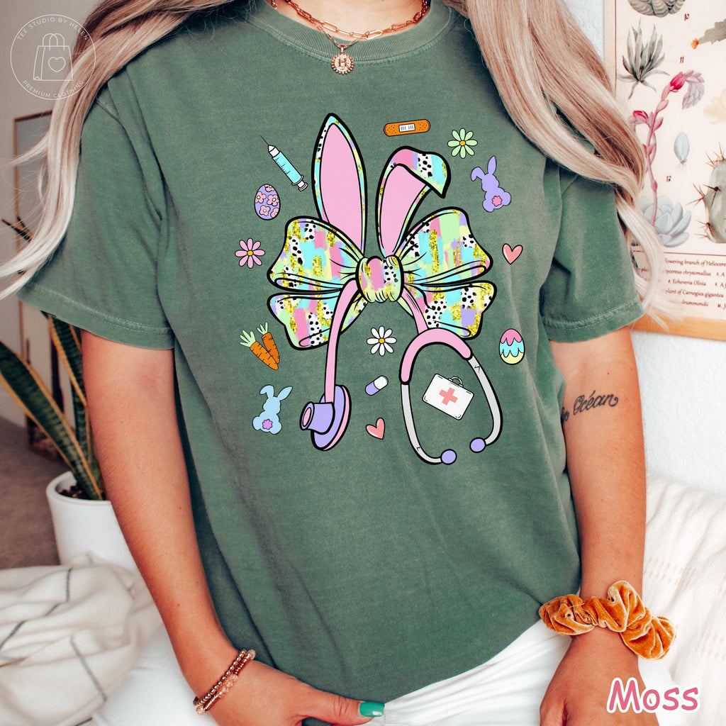 Comfort Colors® Easter Nurse Shirt, Nurse Easter Bow Tee, Coquette Stethoscope Easter Bunny Shirt, Spring Nurse Appreciation Gift