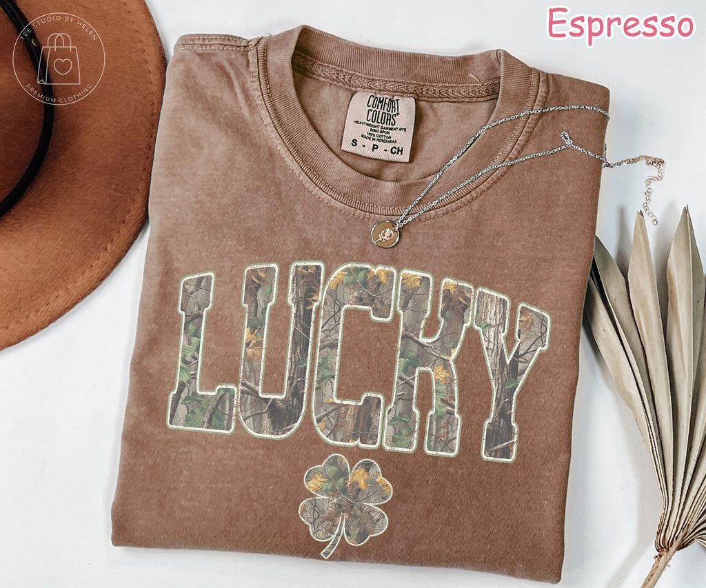 Comfort Colors® Lucky Shirt, Camo St. Patrick's Day Shirt, Retro Shamrock Shirt, Irish Clover Tee, Women's Lucky Top, Irish Gift for Her