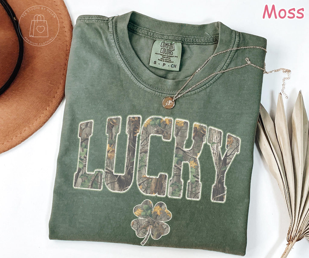 Comfort Colors® Lucky Shirt, Camo St. Patrick's Day Shirt, Retro Shamrock Shirt, Irish Clover Tee, Women's Lucky Top, Irish Gift for Her