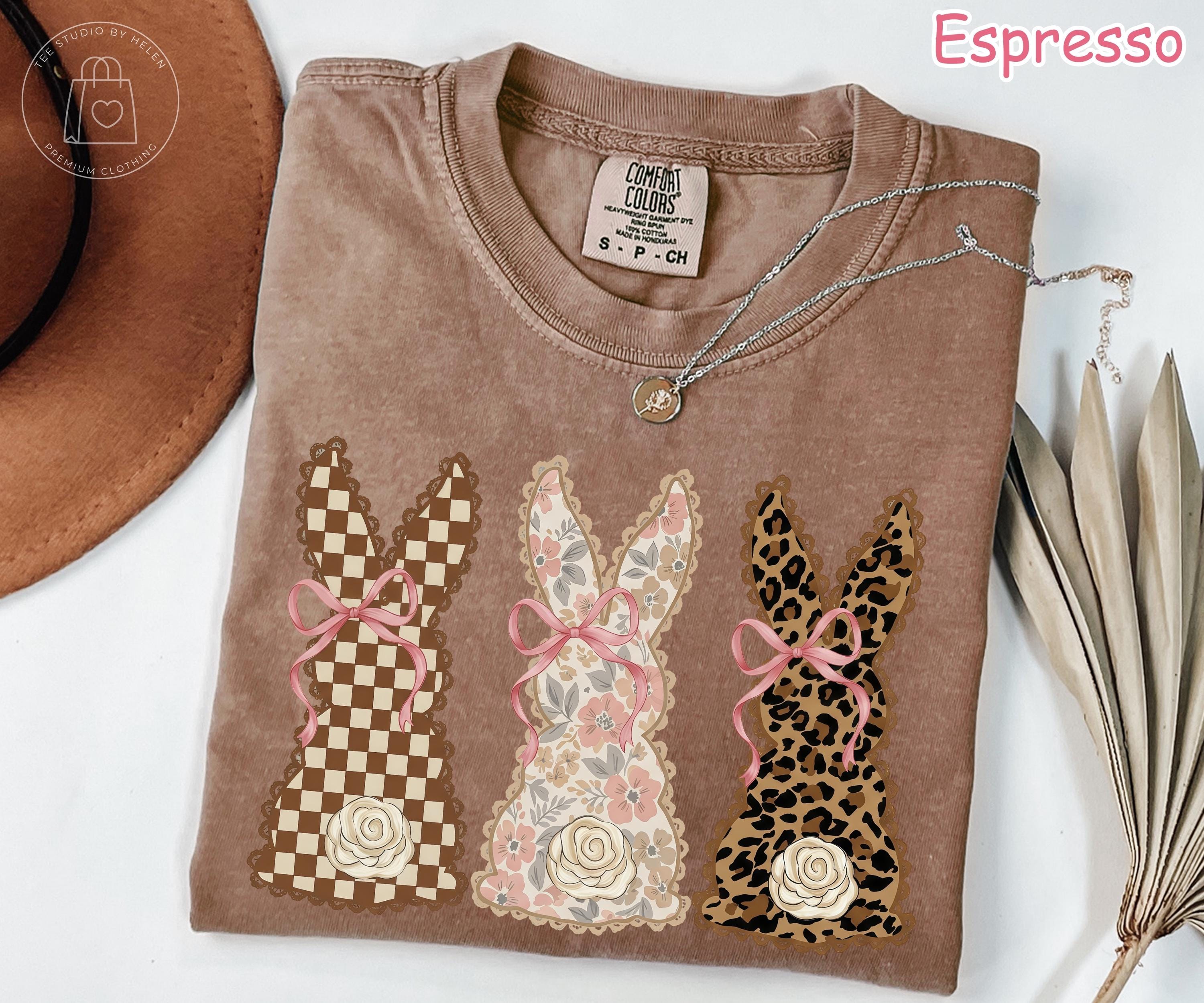 Comfort Colors® Coquette Easter Bunny Shirt, Checkered Leopard Bunny Shirt, Pink Bow Spring Floral Tee, Trendy Easter Day Gift for Women
