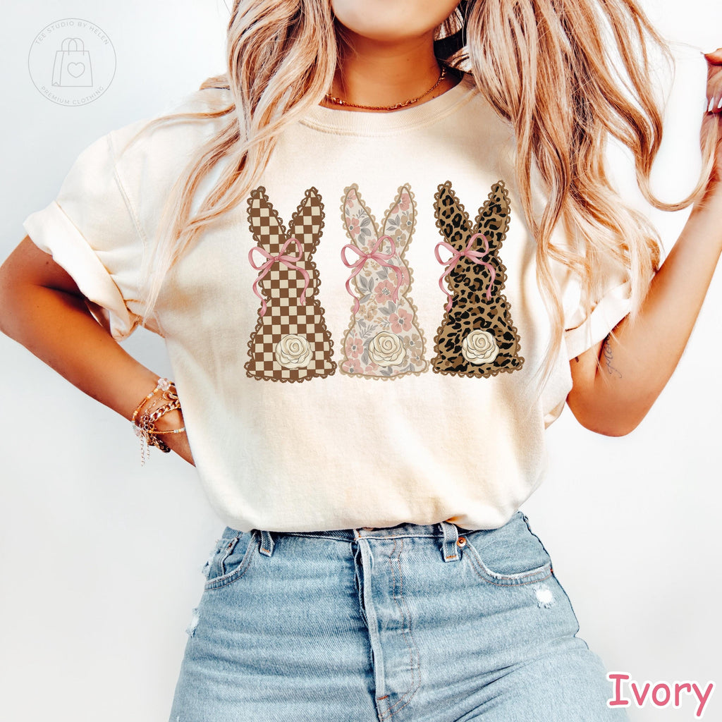 Comfort Colors® Coquette Easter Bunny Shirt, Checkered Leopard Bunny Shirt, Pink Bow Spring Floral Tee, Trendy Easter Day Gift for Women