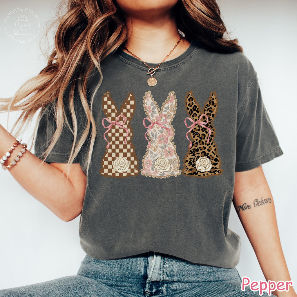 Comfort Colors® Coquette Easter Bunny Shirt, Checkered Leopard Bunny Shirt, Pink Bow Spring Floral Tee, Trendy Easter Day Gift for Women