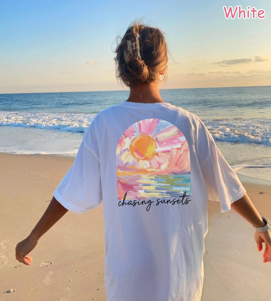 Comfort Colors® Chasing Sunsets Shirt, Summer Beach Shirt, Summer Aesthetic Shirt,  Trendy Vacation Shirt Boho Summer Vibes Tee Sunset Lover