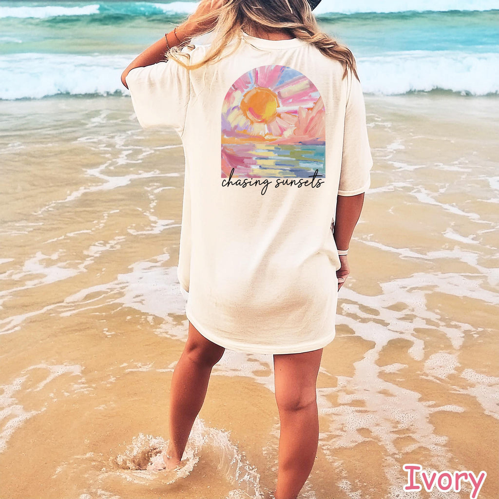 Comfort Colors® Chasing Sunsets Shirt, Summer Beach Shirt, Summer Aesthetic Shirt,  Trendy Vacation Shirt Boho Summer Vibes Tee Sunset Lover