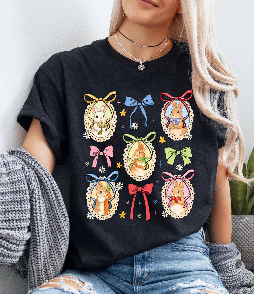 Comfort Colors© Retro Bunnies Easter Gift for Women, Vintage Thrifted Grandma Core Shirt, Floral Coquette Cottagecore Oval Frame Spring Tee
