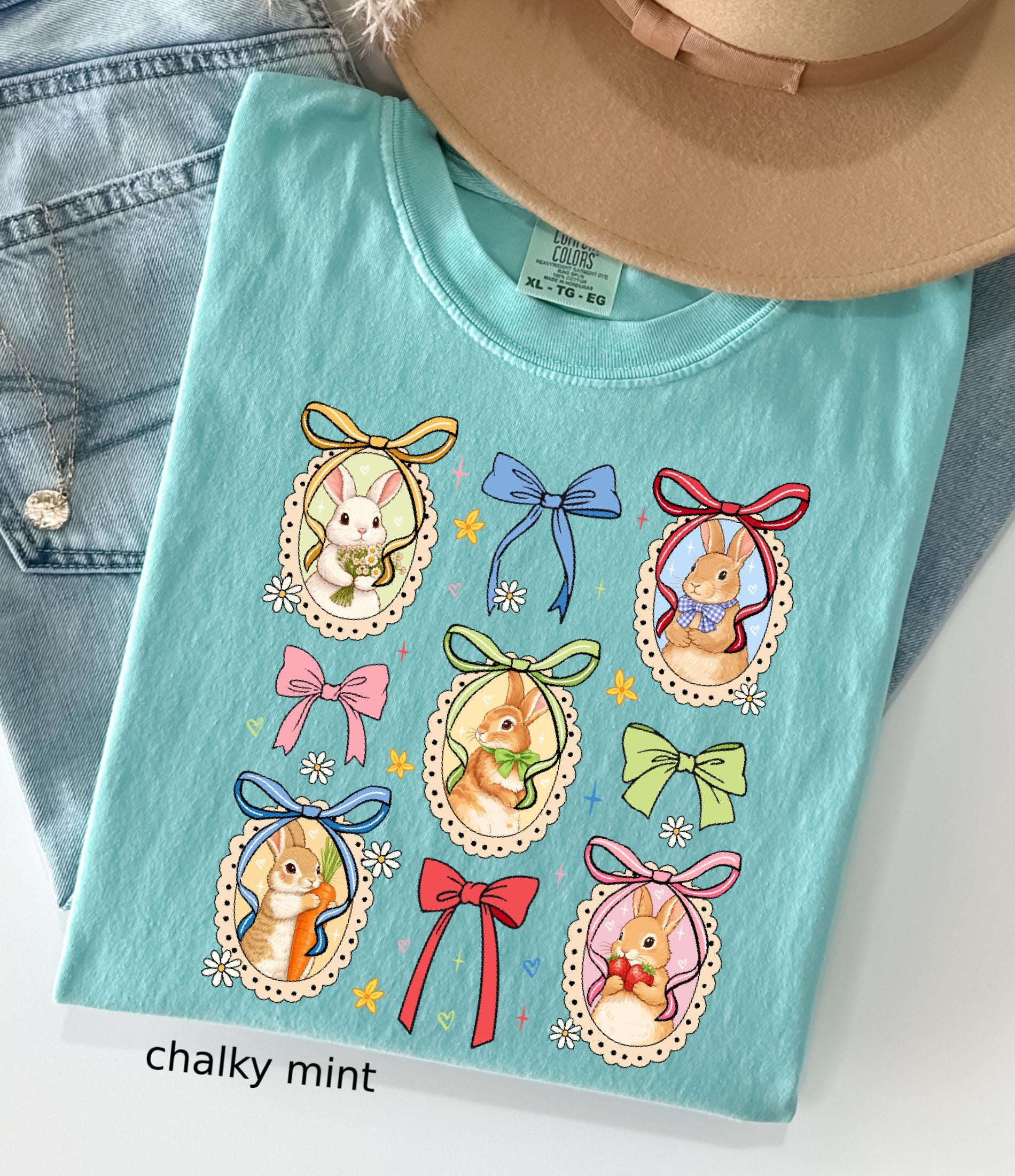 Comfort Colors© Retro Bunnies Easter Gift for Women, Vintage Thrifted Grandma Core Shirt, Floral Coquette Cottagecore Oval Frame Spring Tee