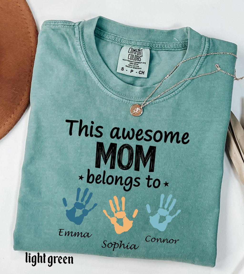 Personalized Mom Comfort Colors Shirt With Kids Names, Custom Names Mother Gift Tee, This Awesome Mom Belongs To Family