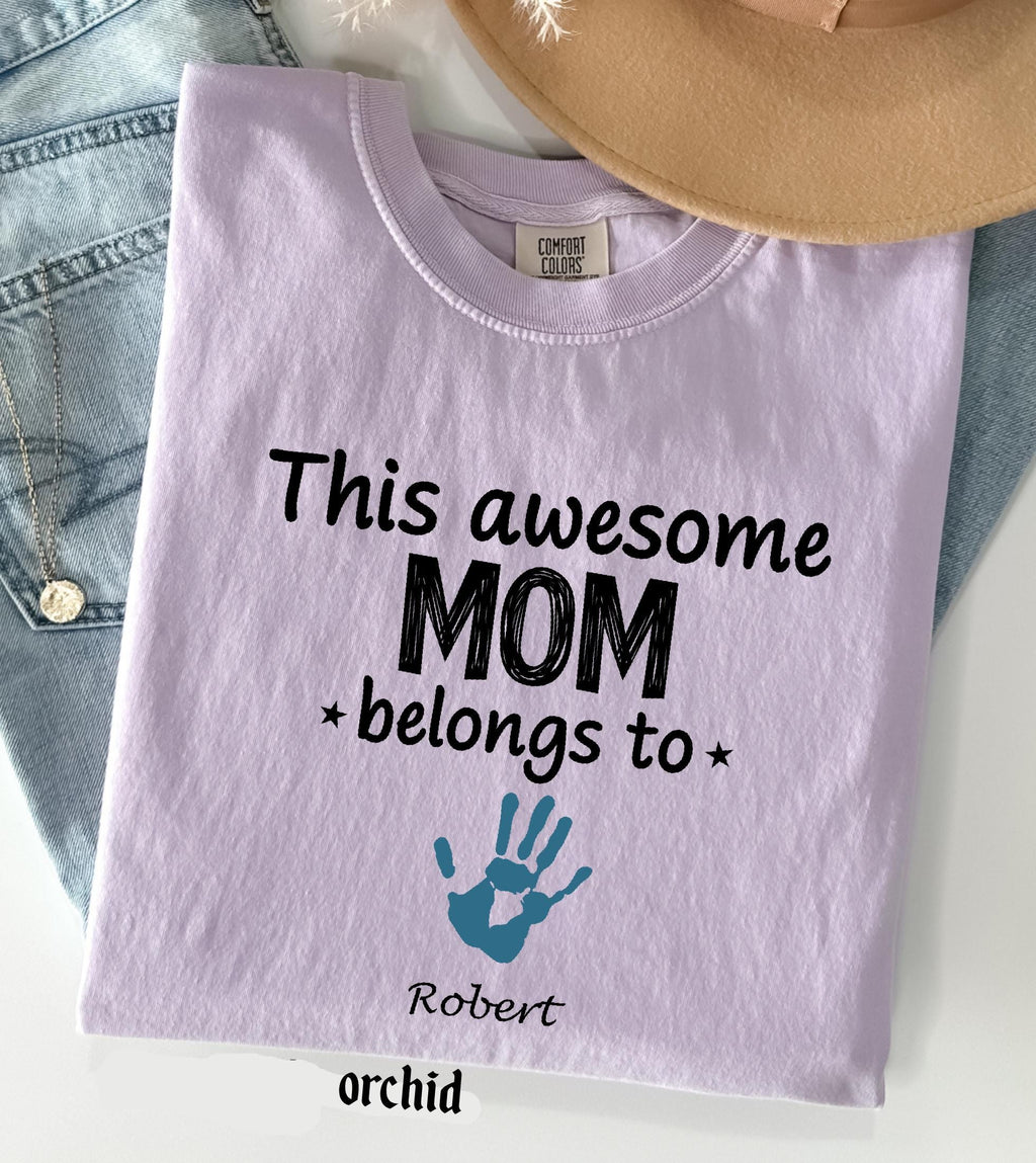Personalized Mom Comfort Colors Shirt With Kids Names, Custom Names Mother Gift Tee, This Awesome Mom Belongs To Family