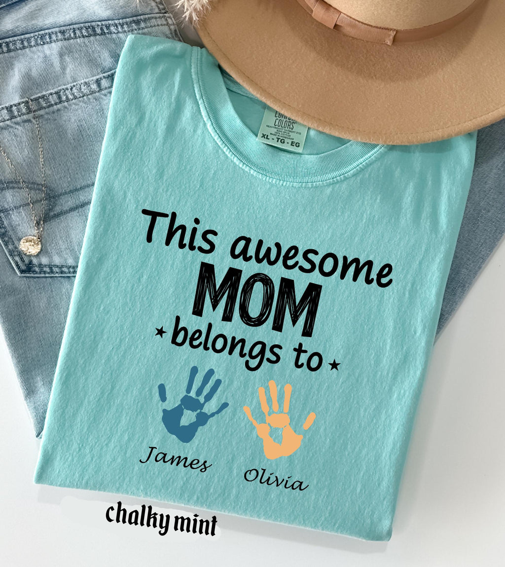 Personalized Mom Comfort Colors Shirt With Kids Names, Custom Names Mother Gift Tee, This Awesome Mom Belongs To Family