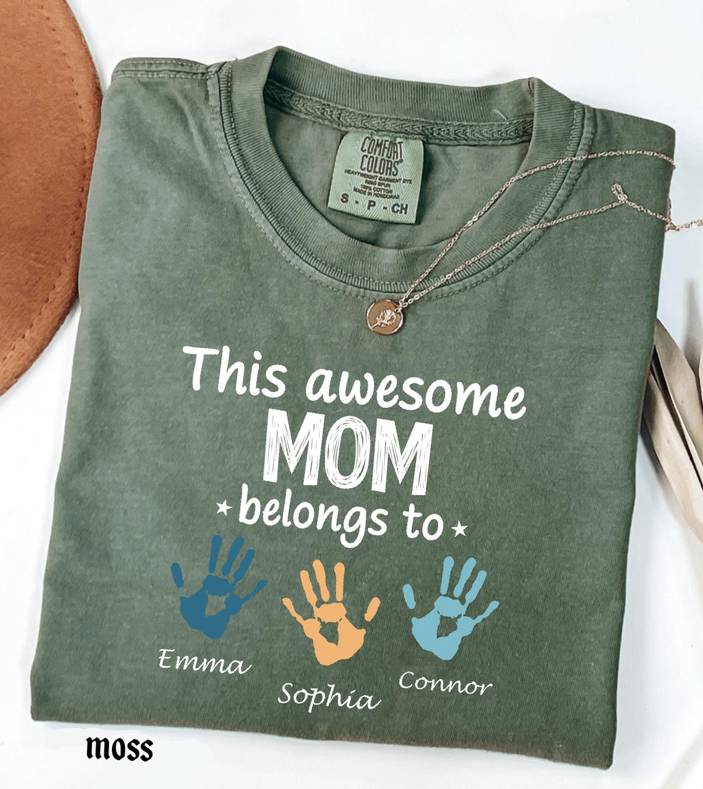 Personalized Mom Comfort Colors Shirt With Kids Names, Custom Names Mother Gift Tee, This Awesome Mom Belongs To Family
