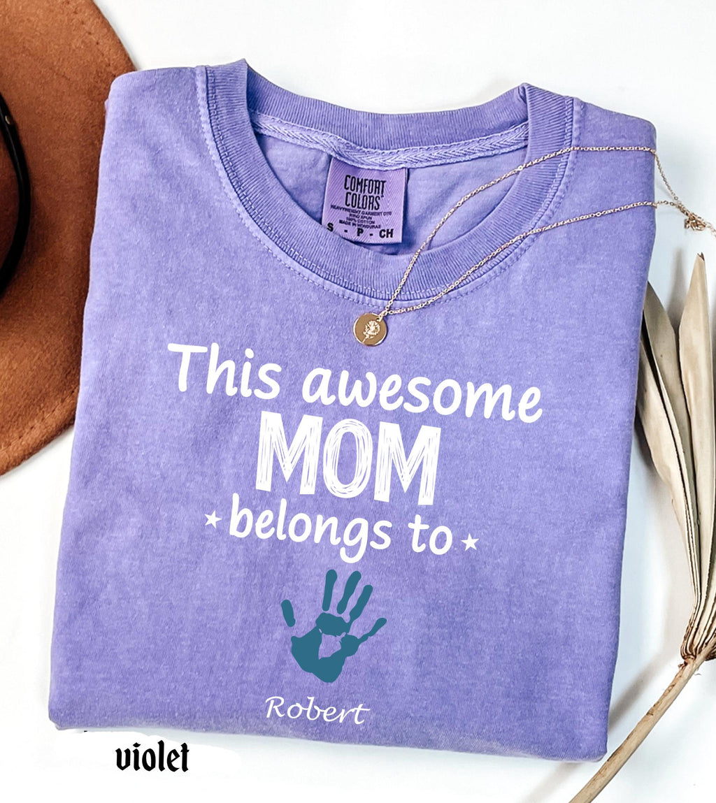 Personalized Mom Comfort Colors Shirt With Kids Names, Custom Names Mother Gift Tee, This Awesome Mom Belongs To Family