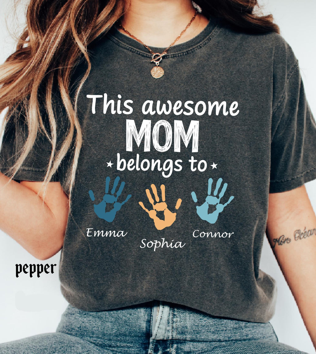 Personalized Mom Comfort Colors Shirt With Kids Names, Custom Names Mother Gift Tee, This Awesome Mom Belongs To Family