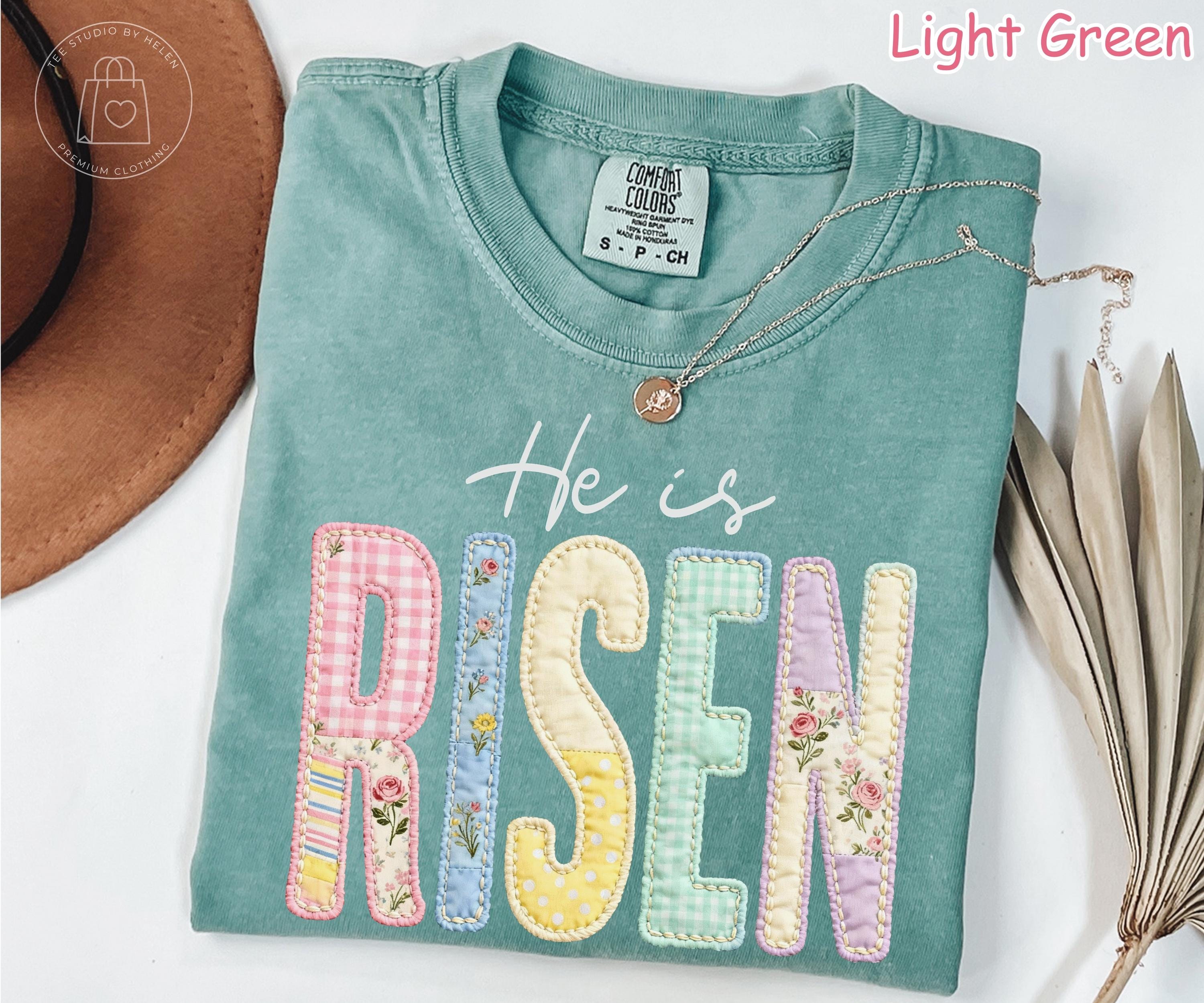 Comfort Colors® Faux Patchwork He Is Risen Shirt, Retro Quilted Christian Easter Tee, Trendy Easter Day Gift for Women, Jesus Shirt