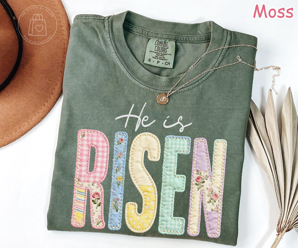 Comfort Colors® Faux Patchwork He Is Risen Shirt, Retro Quilted Christian Easter Tee, Trendy Easter Day Gift for Women, Jesus Shirt