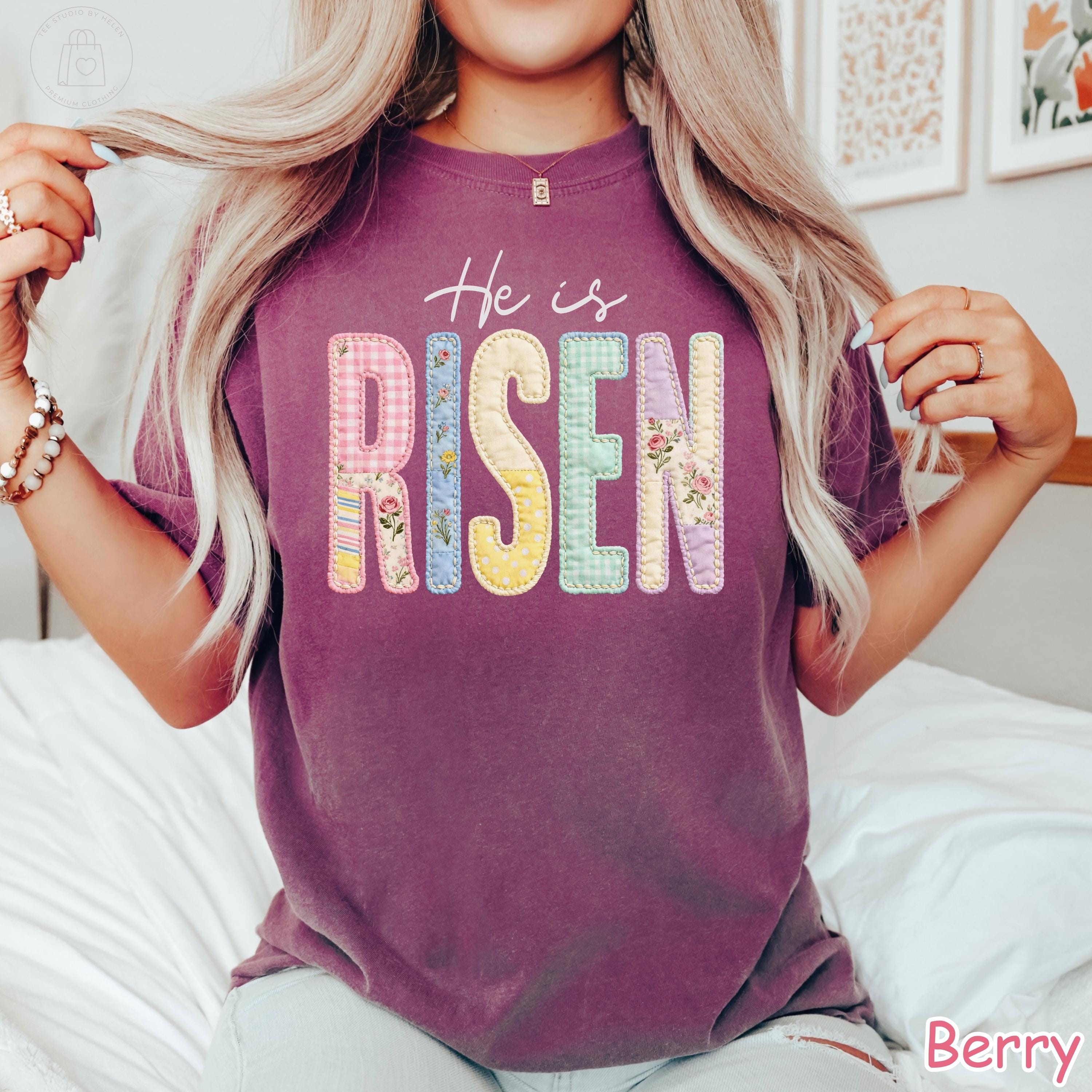 Comfort Colors® Faux Patchwork He Is Risen Shirt, Retro Quilted Christian Easter Tee, Trendy Easter Day Gift for Women, Jesus Shirt