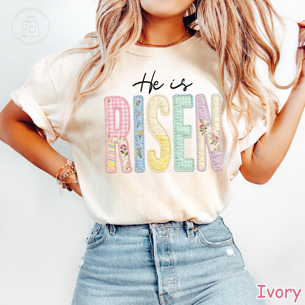 Comfort Colors® Faux Patchwork He Is Risen Shirt, Retro Quilted Christian Easter Tee, Trendy Easter Day Gift for Women, Jesus Shirt