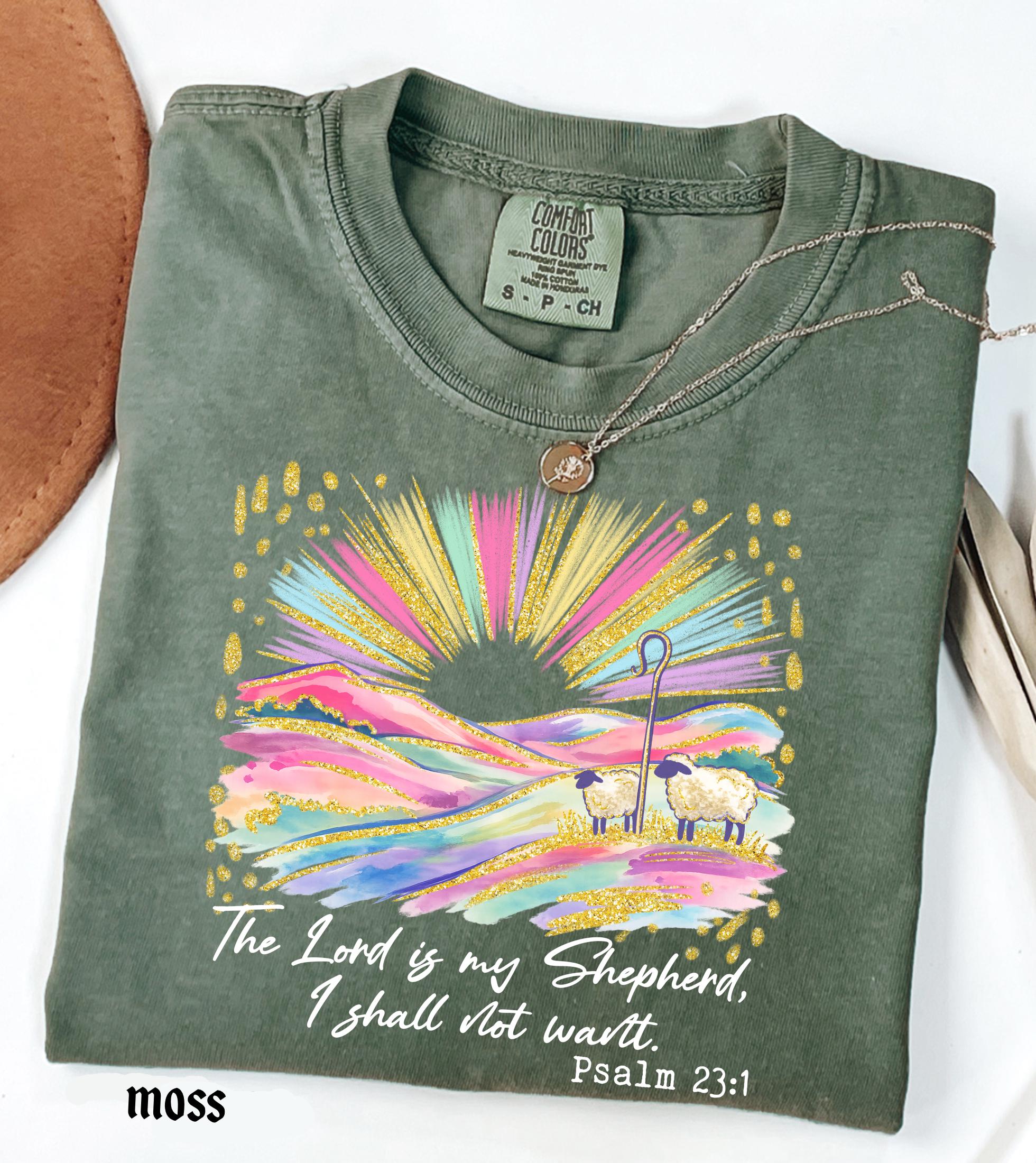 The Lord Is My Shepherd Christian Easter Comfort Colors Shirt, Colorful Faux Glitter Bible Verse Tee, Trendy Jesus Gift, Easter Women Gift