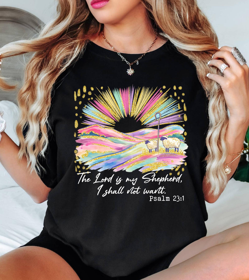 The Lord Is My Shepherd Christian Easter Comfort Colors Shirt, Colorful Faux Glitter Bible Verse Tee, Trendy Jesus Gift, Easter Women Gift