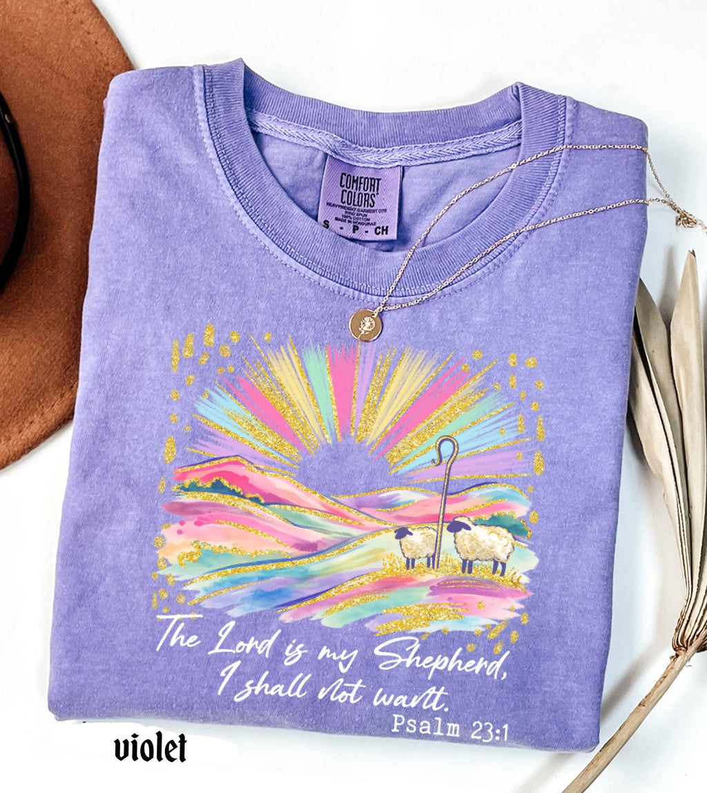 The Lord Is My Shepherd Christian Easter Comfort Colors Shirt, Colorful Faux Glitter Bible Verse Tee, Trendy Jesus Gift, Easter Women Gift