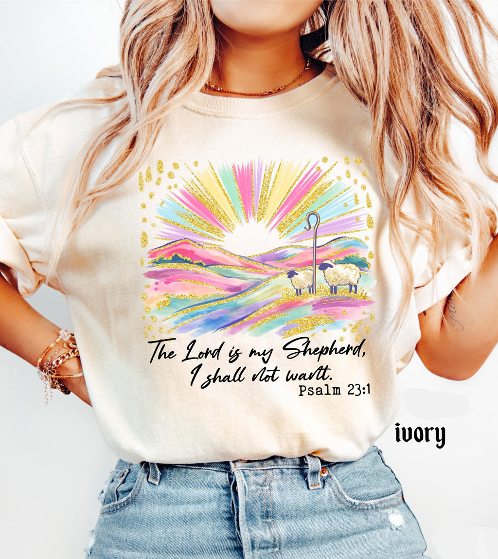 The Lord Is My Shepherd Christian Easter Comfort Colors Shirt, Colorful Faux Glitter Bible Verse Tee, Trendy Jesus Gift, Easter Women Gift