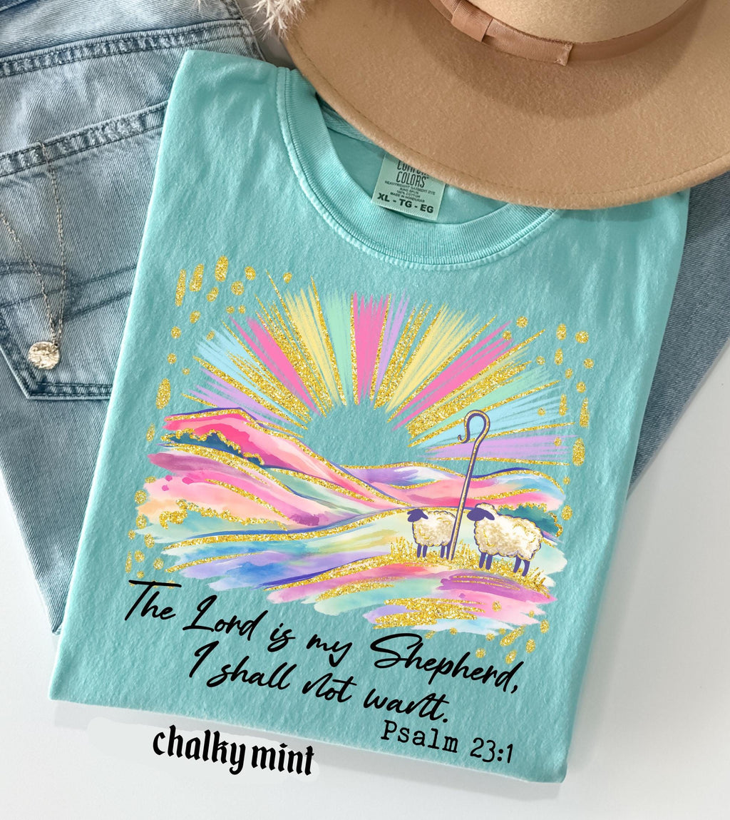 The Lord Is My Shepherd Christian Easter Comfort Colors Shirt, Colorful Faux Glitter Bible Verse Tee, Trendy Jesus Gift, Easter Women Gift