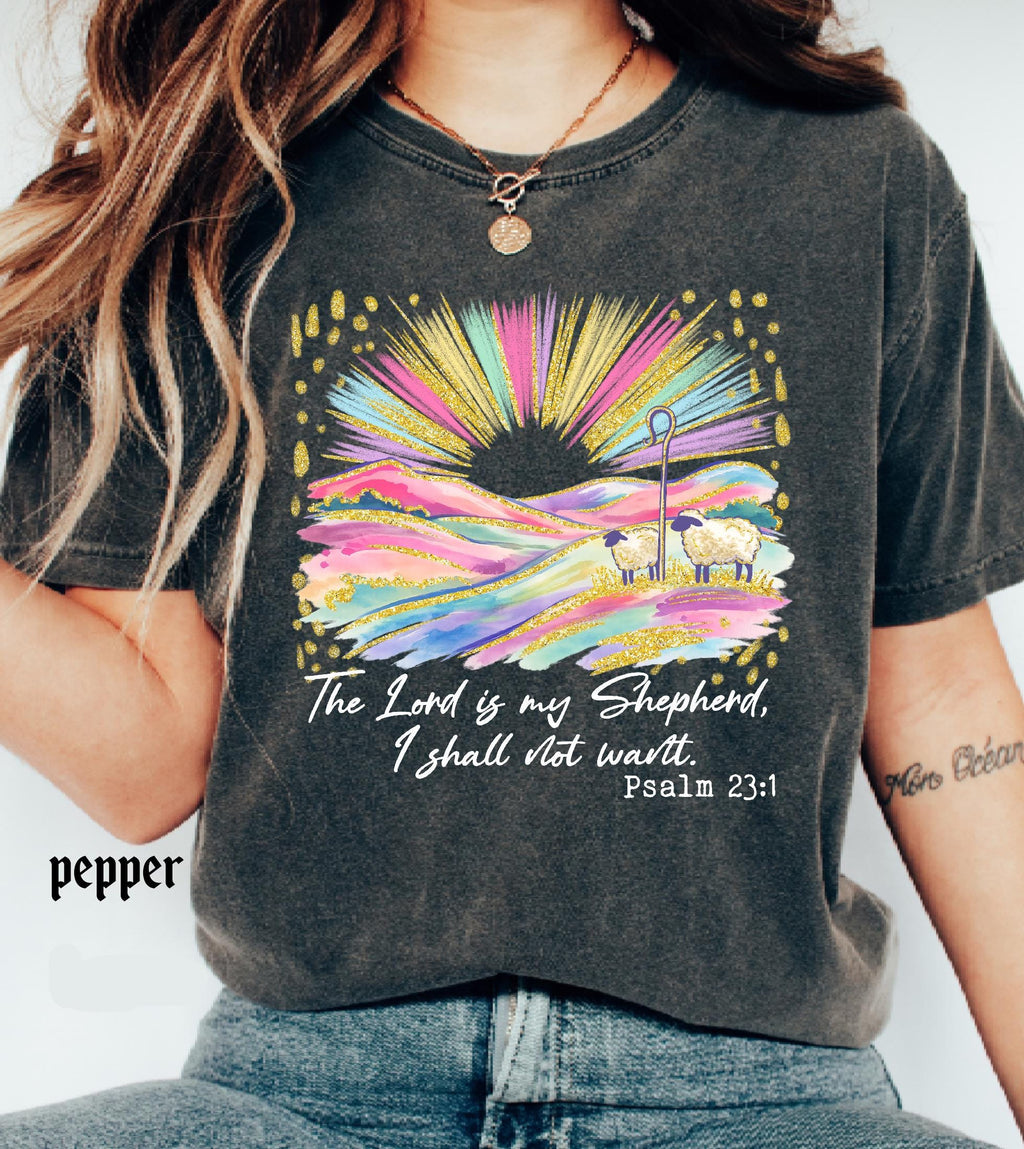 The Lord Is My Shepherd Christian Easter Comfort Colors Shirt, Colorful Faux Glitter Bible Verse Tee, Trendy Jesus Gift, Easter Women Gift