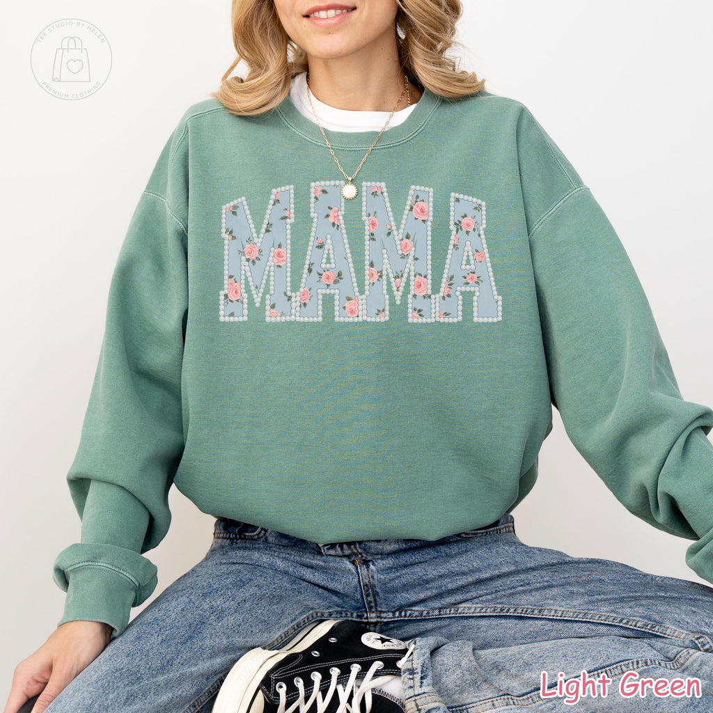 Comfort Colors®  Floral Mama Sweatshirt, Mothers Day Gift, Trendy Mom Spring Tee, Cute Gift for Mom, Pearls Flower Mama Shirt, New Mom Gift