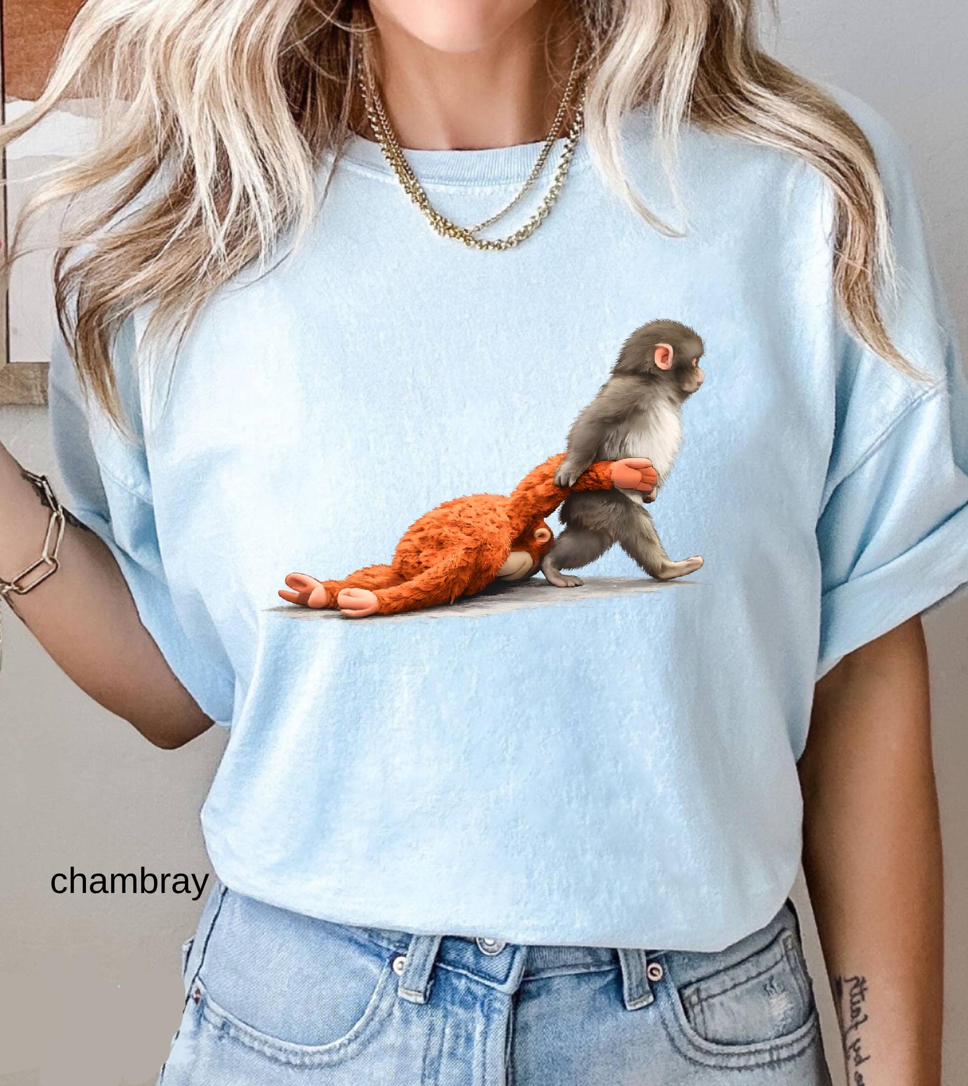 Viral Monkey Punch Graphic Comfort Colors Shirt, Lonely Baby Monkey Holding Plush Toy, Cute Emotional Gift for Animal Lovers