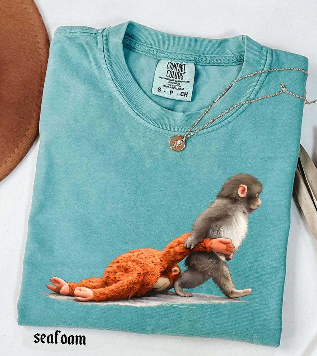 Viral Monkey Punch Graphic Comfort Colors Shirt, Lonely Baby Monkey Holding Plush Toy, Cute Emotional Gift for Animal Lovers