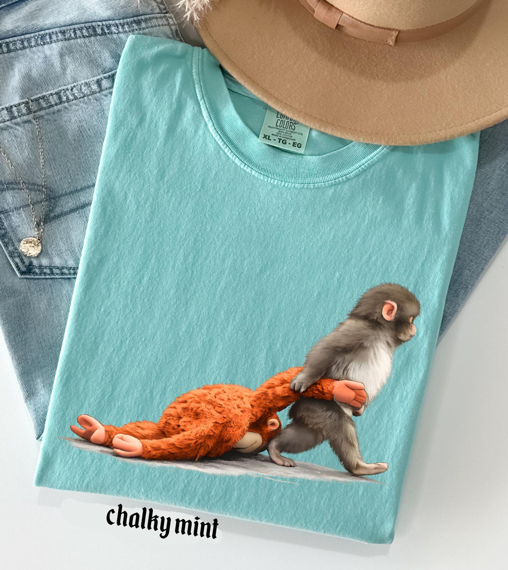 Viral Monkey Punch Graphic Comfort Colors Shirt, Lonely Baby Monkey Holding Plush Toy, Cute Emotional Gift for Animal Lovers