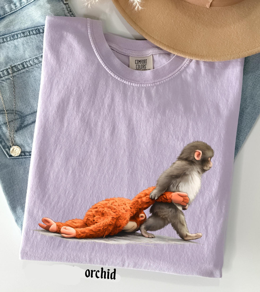 Viral Monkey Punch Graphic Comfort Colors Shirt, Lonely Baby Monkey Holding Plush Toy, Cute Emotional Gift for Animal Lovers