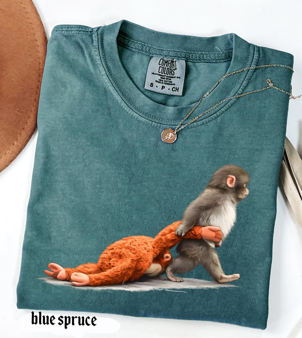 Viral Monkey Punch Graphic Comfort Colors Shirt, Lonely Baby Monkey Holding Plush Toy, Cute Emotional Gift for Animal Lovers