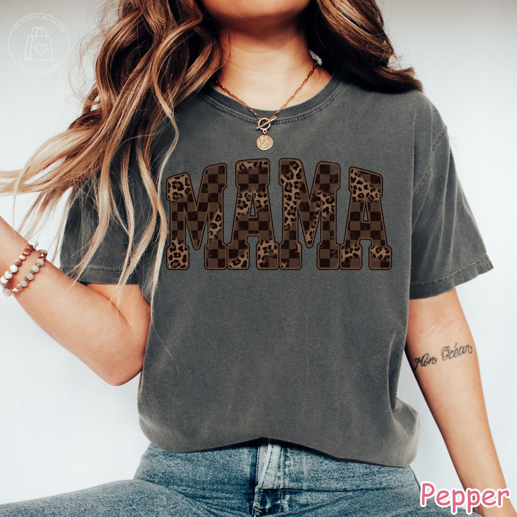 Comfort Colors® Leopard Mama Shirt, Retro Western Mama Shirt, Mothers Day Gift, Trendy Checkered Mom Tee, Gift for Mom, Cheetah Print Shirt