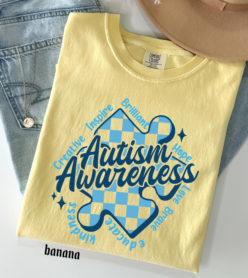 Autism Awareness Comfort Colors T-Shirt, In April We Wear Blue Special Education Teacher Shirt, Aura Of Blue Embrace Nuerodiversity Tee