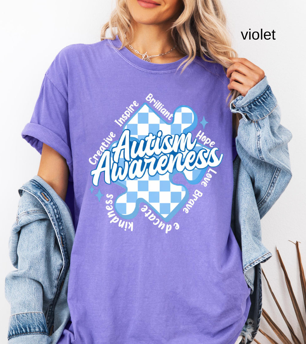 Autism Awareness Comfort Colors T-Shirt, In April We Wear Blue Special Education Teacher Shirt, Aura Of Blue Embrace Nuerodiversity Tee