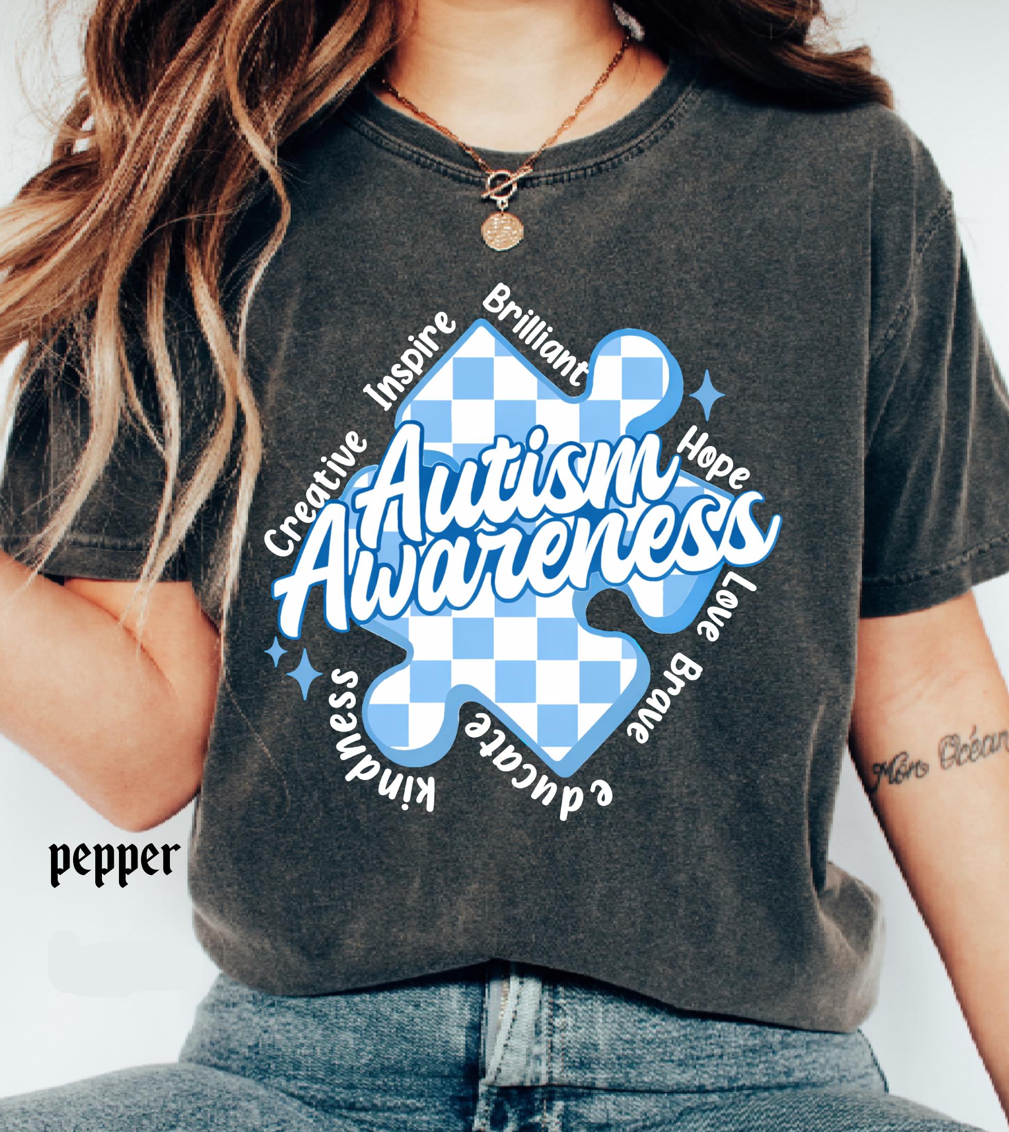 Autism Awareness Comfort Colors T-Shirt, In April We Wear Blue Special Education Teacher Shirt, Aura Of Blue Embrace Nuerodiversity Tee