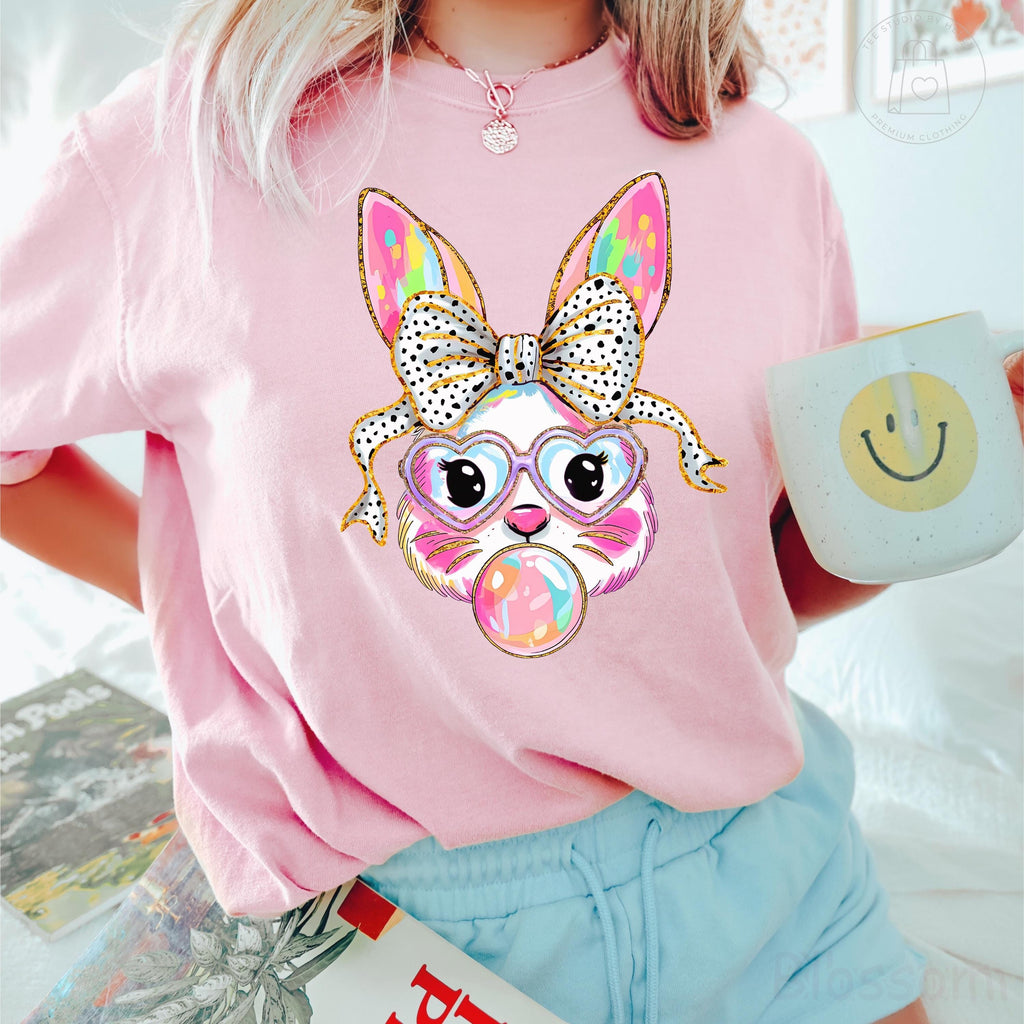 Comfort Colors® Easter Bunny Shirt, Coquette Bow Easter Shirt, Bubblegum Bunny Shirt, Trendy Easter Gift for Her, Women's Easter Outfit