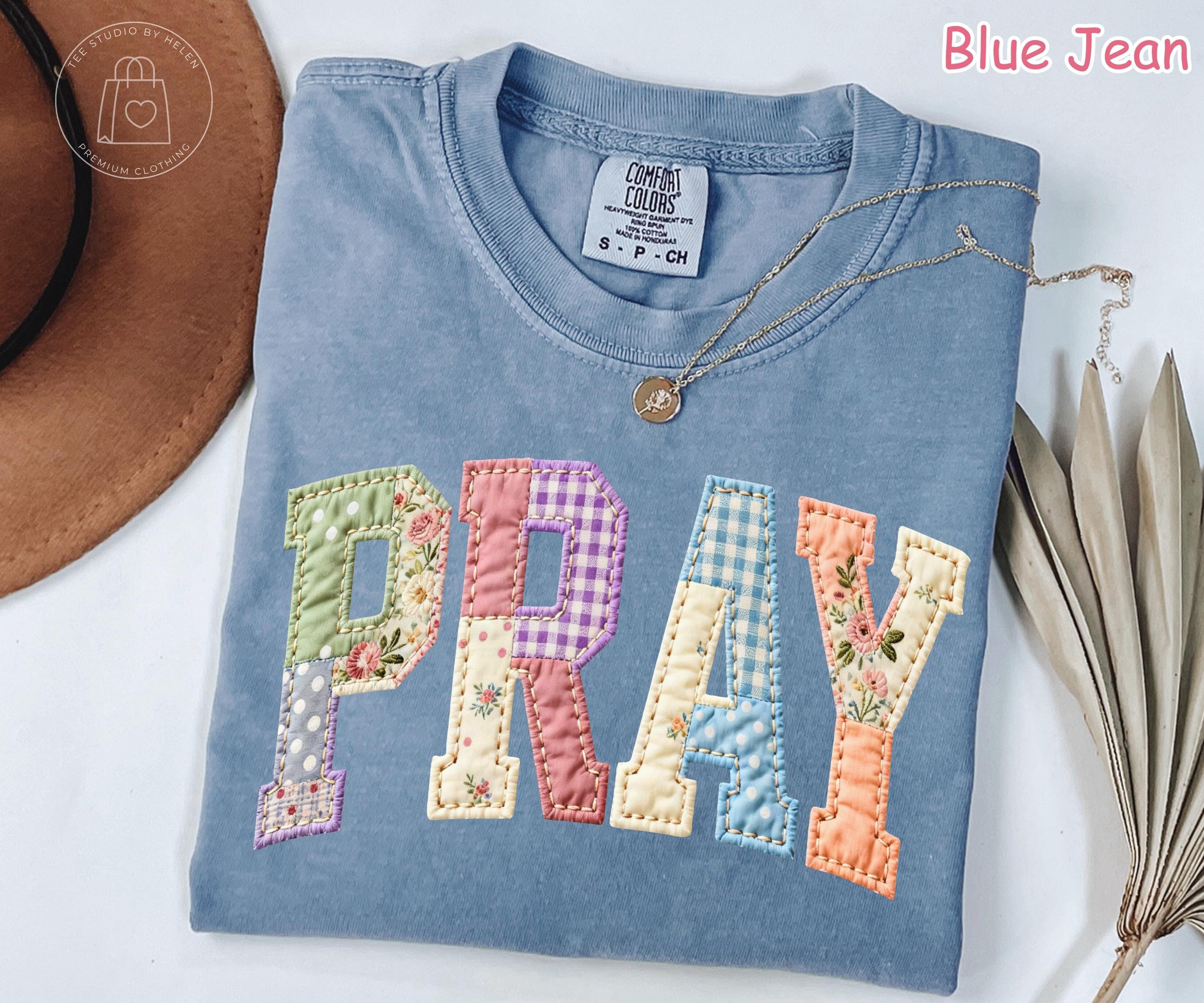 Comfort Colors® Faux Quilted Pray Shirt, Religious Shirt for Women, Patchwork Christian Gift, Bible Verse Tee, Faith Floral Graphic Tee
