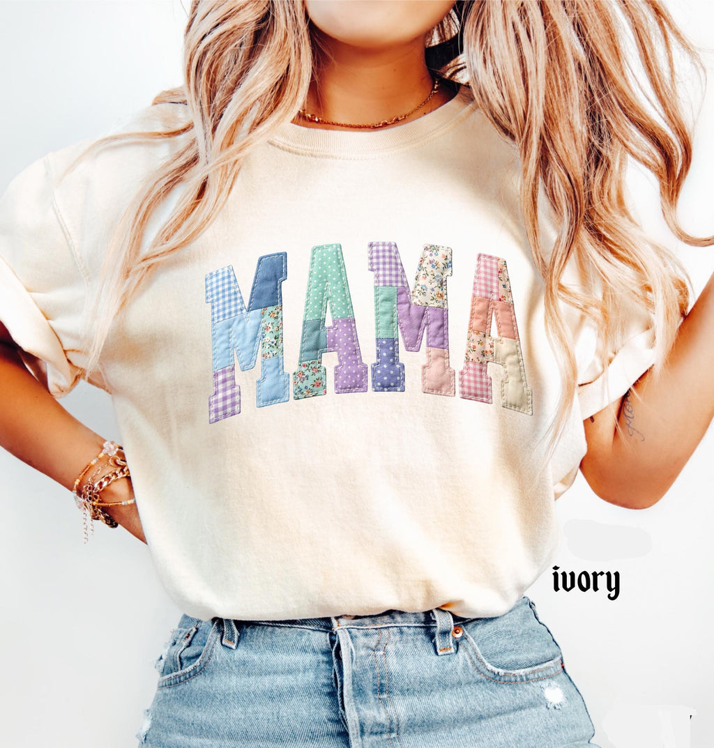 Faux Quilted Mama Comfort Colors© Shirt, Custom Mama Mimi Nana Gigi Mothers Day Gift, Floral Mom T-Shirt, Faux Patchwork Mom Tee