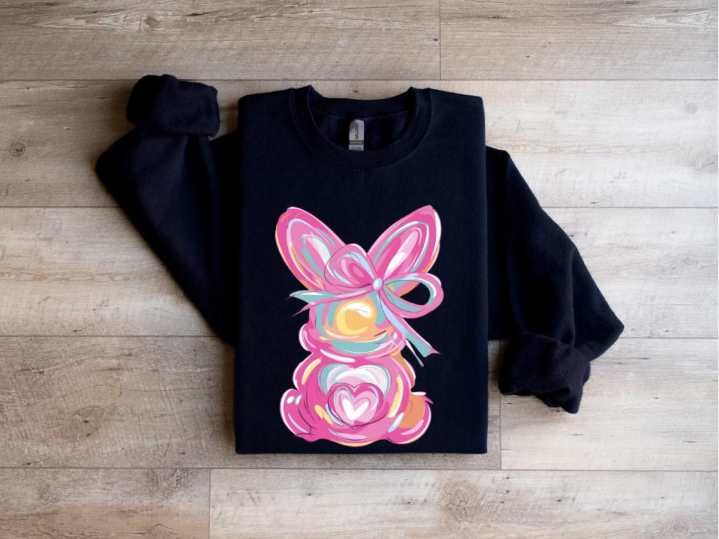 Brushstroke Bunny Easter Shirt, Bunny Coquette Bow T Shirt, Pink bunny easter Shirt, retro easter Shirt, Girls easter Shirt