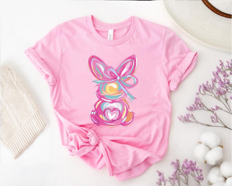 Brushstroke Bunny Easter Shirt, Bunny Coquette Bow T Shirt, Pink bunny easter Shirt, retro easter Shirt, Girls easter Shirt