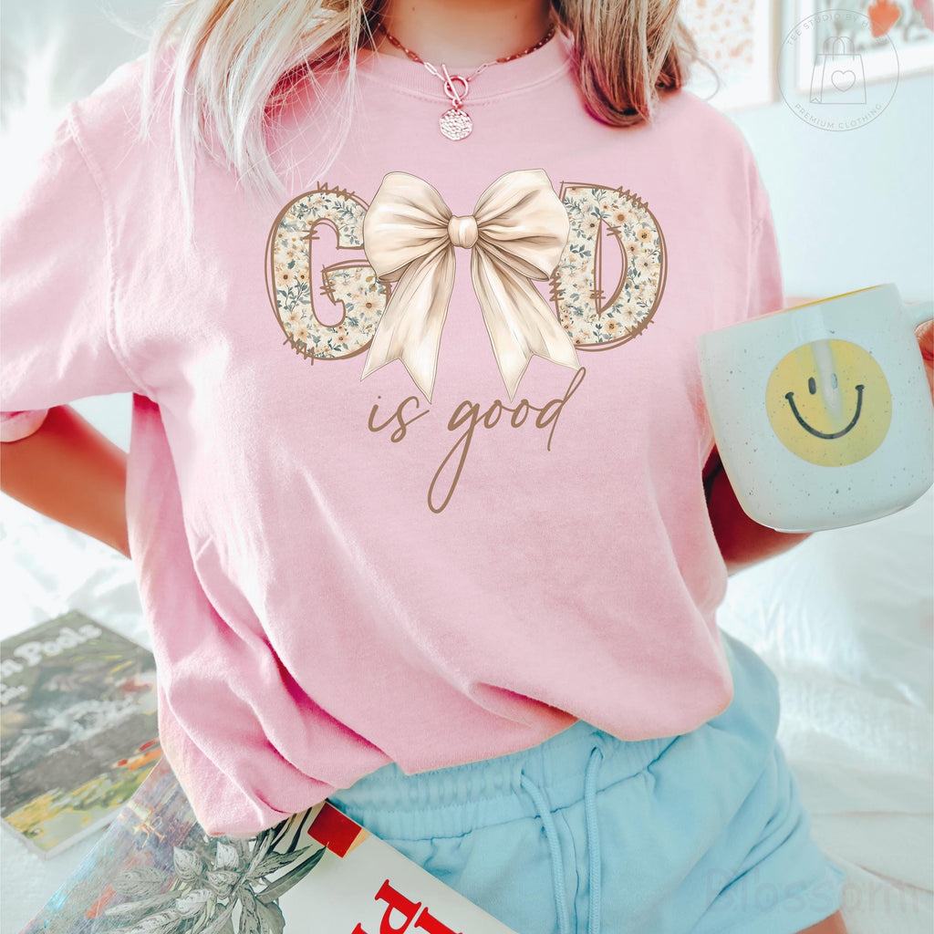 Comfort Colors® God Is Good Shirt, Coquette Christian Shirt, Bible Verse Tee, Christian Gift for Women, Floral Faith Shirt, Religious Shirt