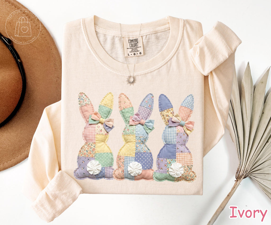 Comfort Colors® Faux Patchwork Bunny Long Sleeve Shirt, Vintage Cottagecore Easter Shirt, Spring Floral Graphic Tee, Easter Gift for Women