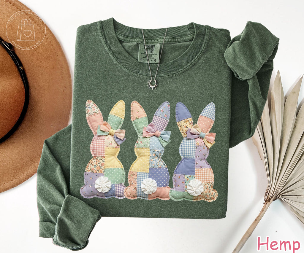 Comfort Colors® Faux Patchwork Bunny Long Sleeve Shirt, Vintage Cottagecore Easter Shirt, Spring Floral Graphic Tee, Easter Gift for Women