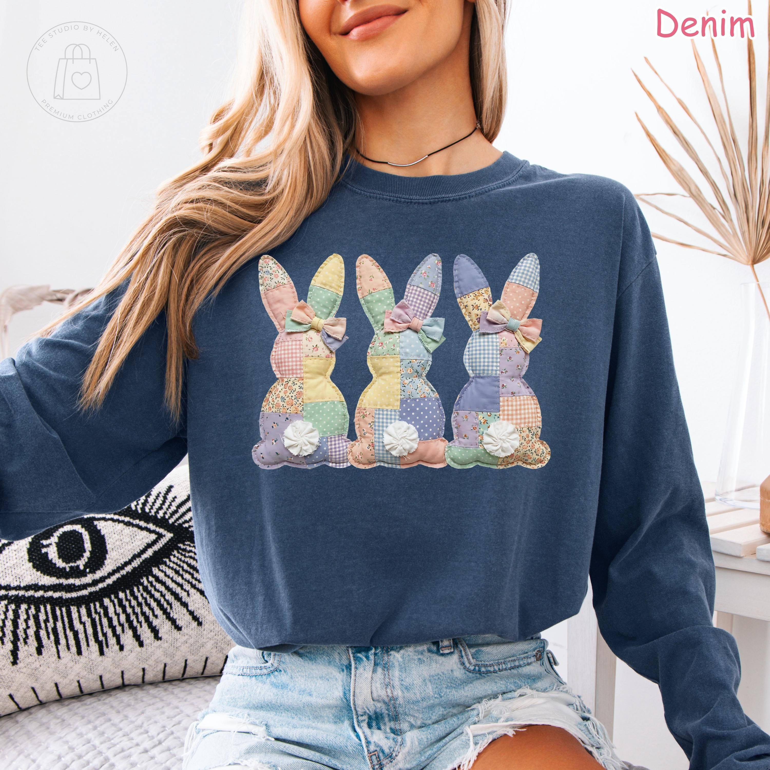 Comfort Colors® Faux Patchwork Bunny Long Sleeve Shirt, Vintage Cottagecore Easter Shirt, Spring Floral Graphic Tee, Easter Gift for Women