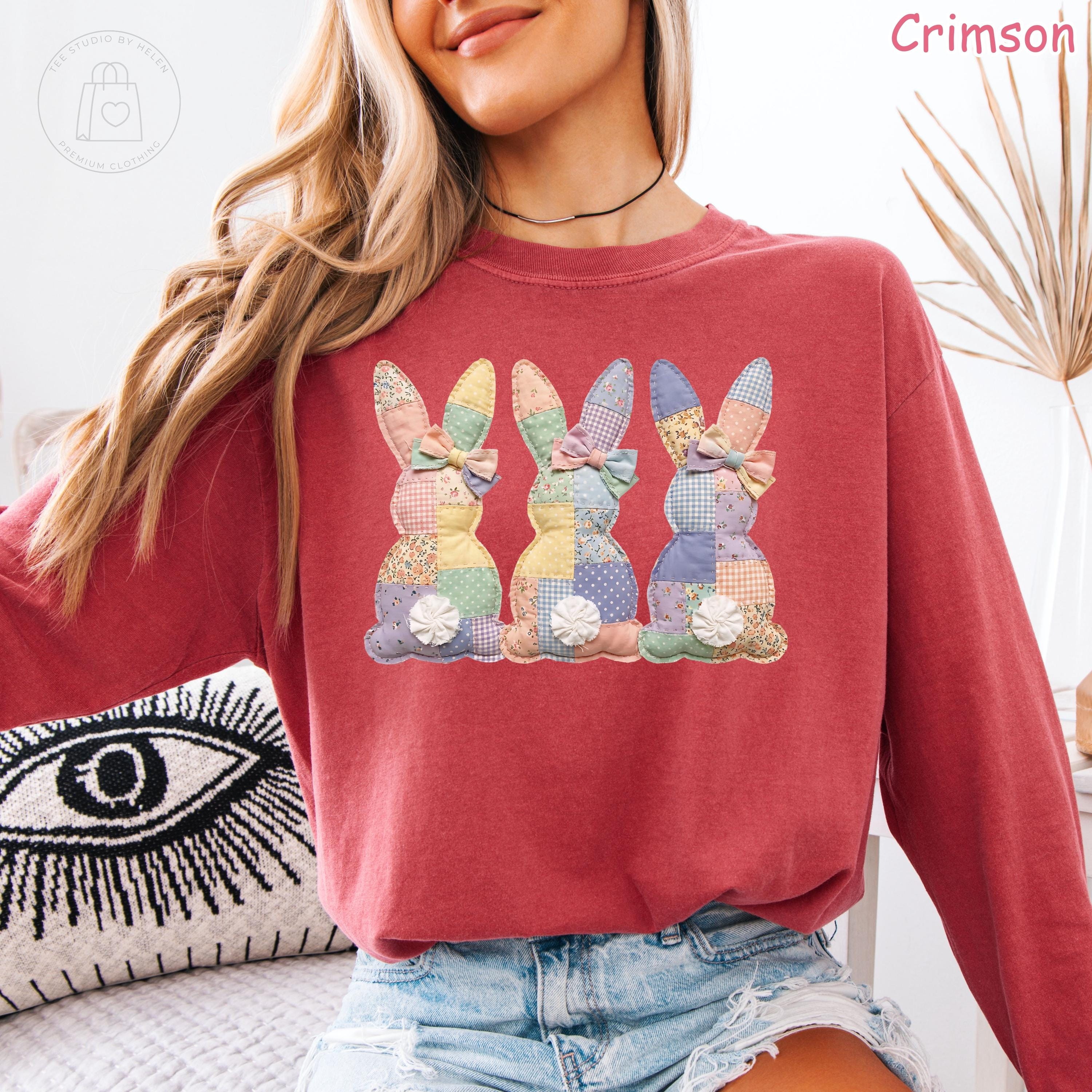 Comfort Colors® Faux Patchwork Bunny Long Sleeve Shirt, Vintage Cottagecore Easter Shirt, Spring Floral Graphic Tee, Easter Gift for Women