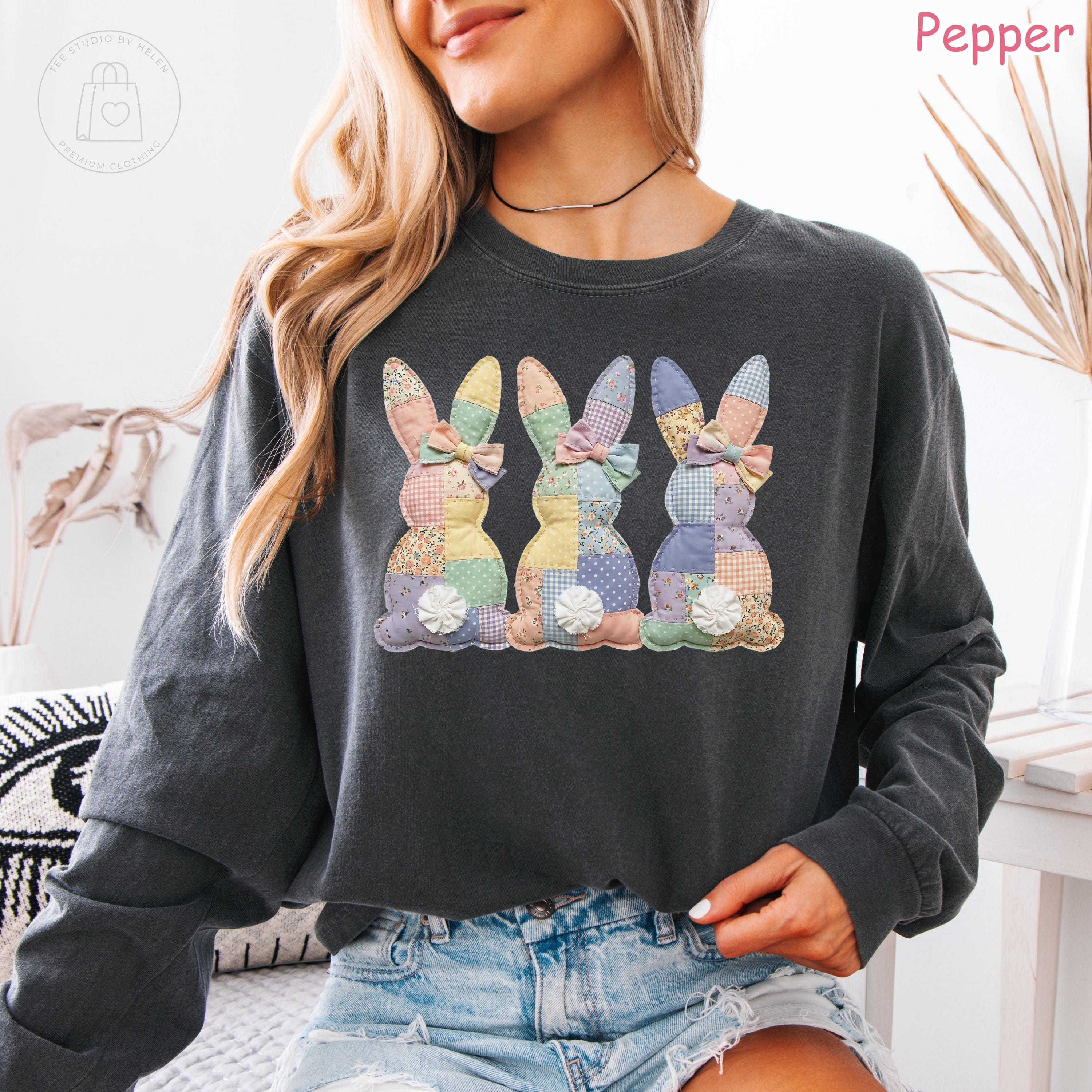 Comfort Colors® Faux Patchwork Bunny Long Sleeve Shirt, Vintage Cottagecore Easter Shirt, Spring Floral Graphic Tee, Easter Gift for Women